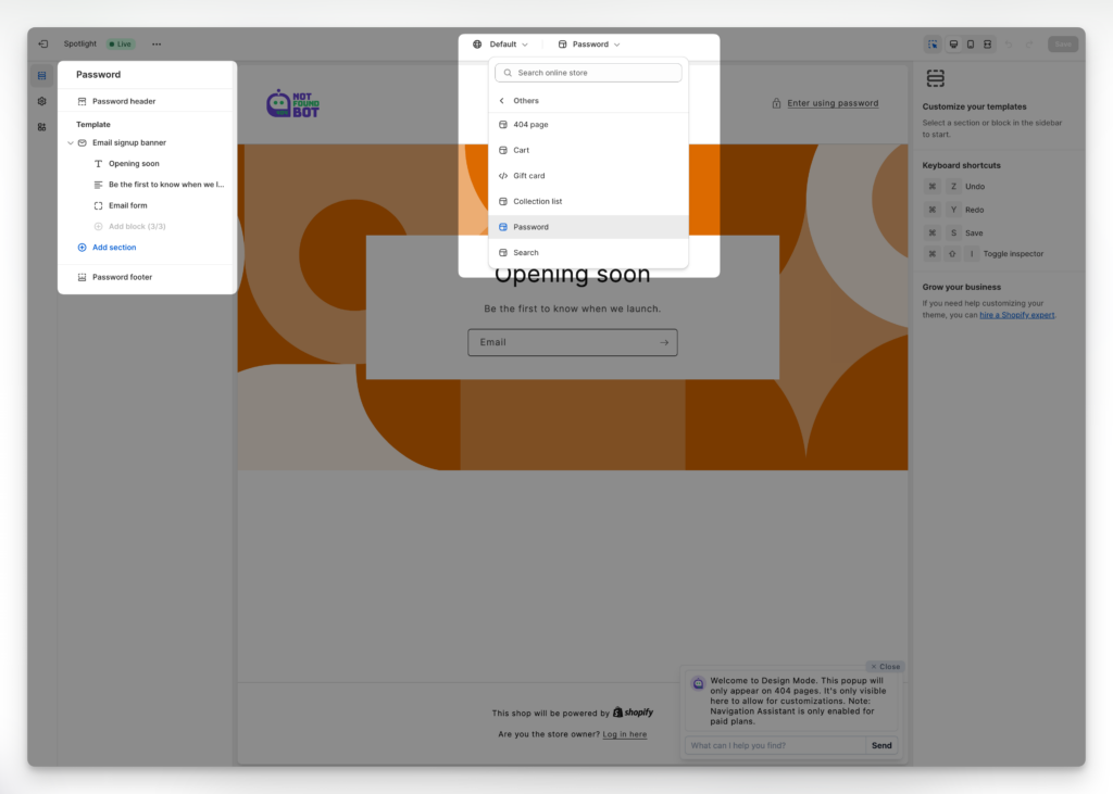 Shopify Password Page Theme Editor