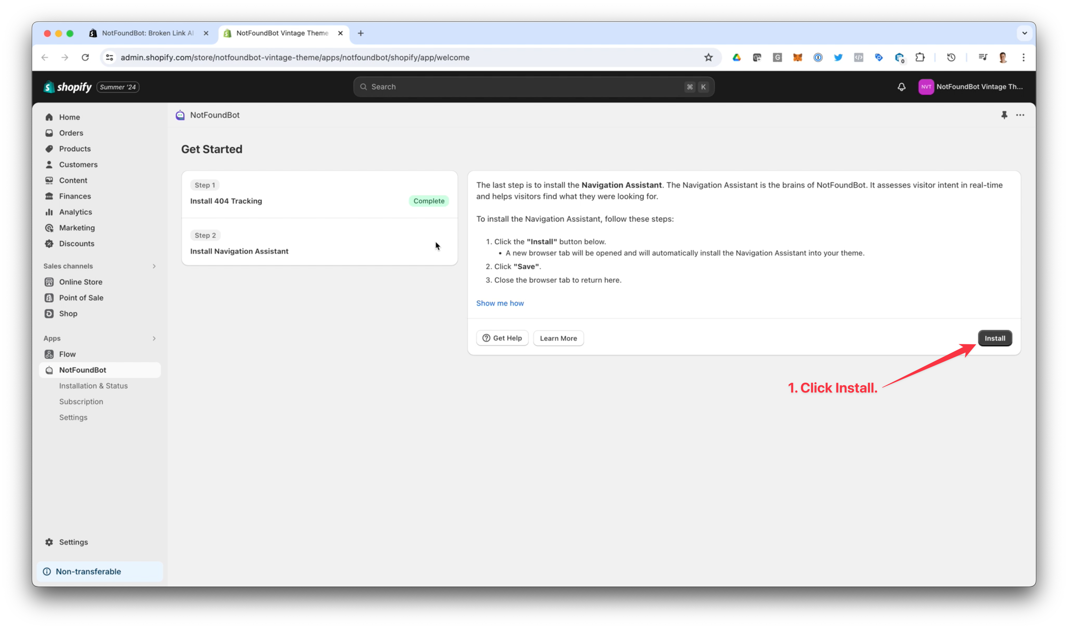NotFoundBot Install Navigation Assistant for Shopify Vintage Themes Step 1