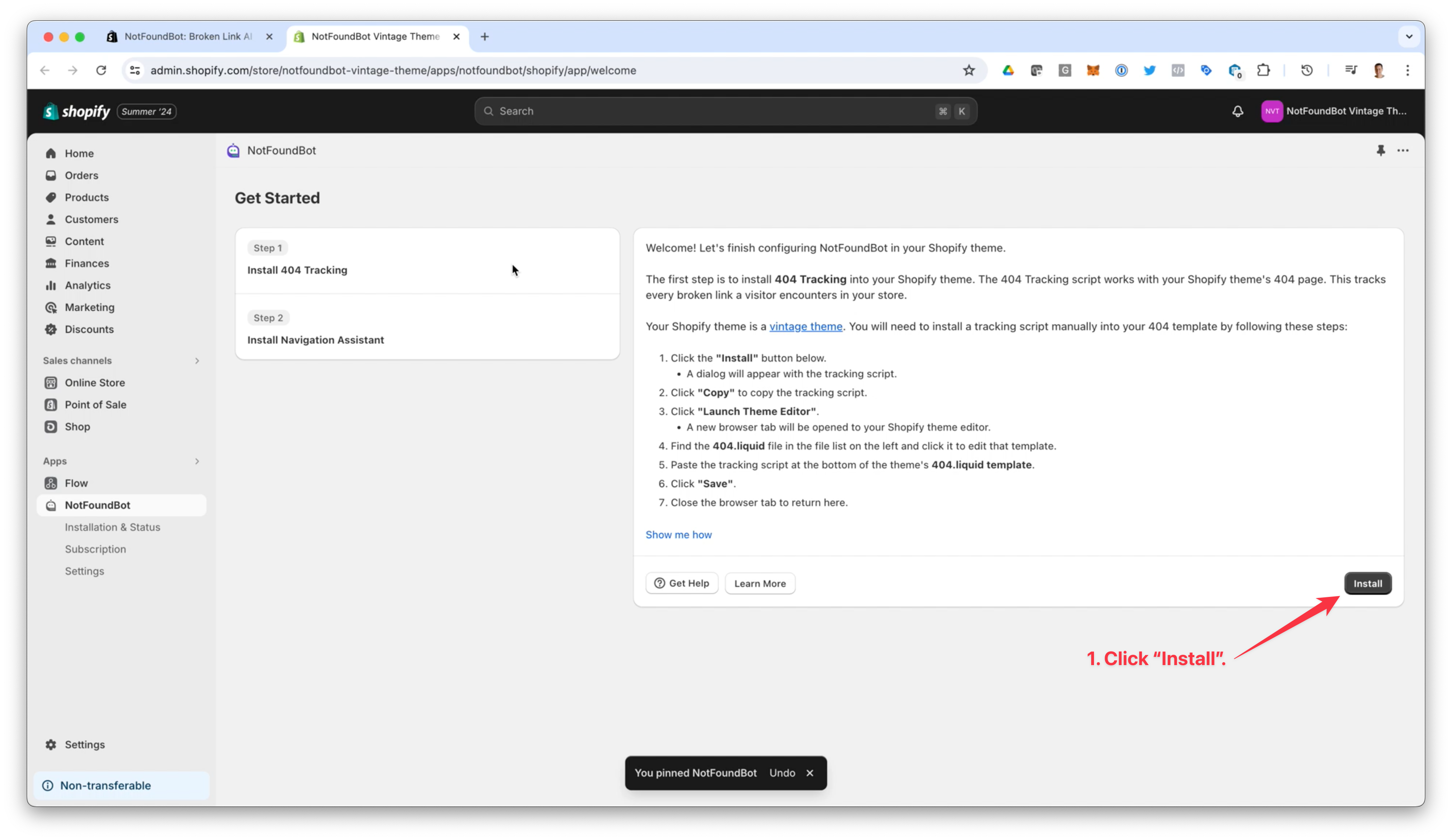 NotFoundBot Install for Shopify Vintage Theme Step 1