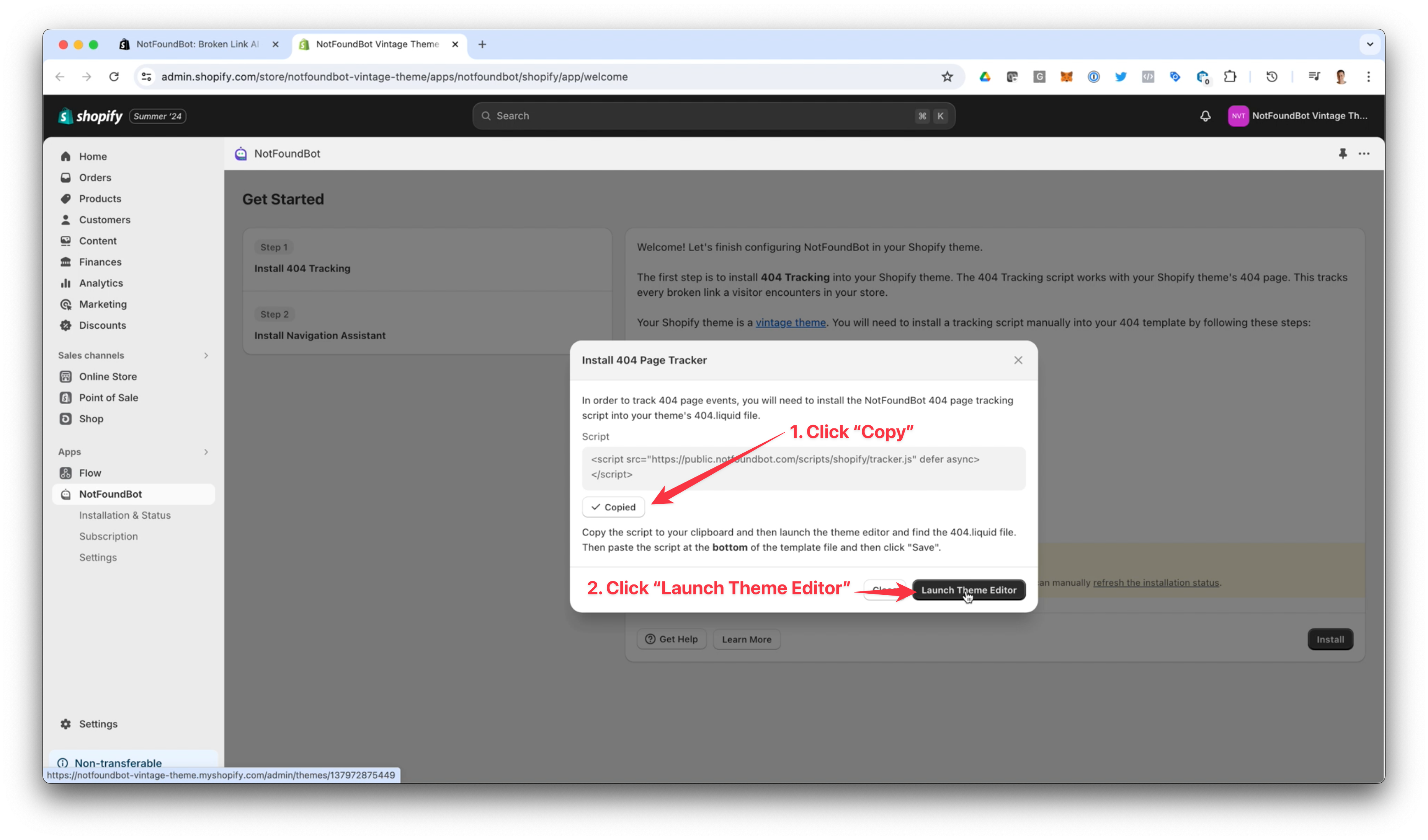 NotFoundBot Install for Shopify Vintage Theme Step 2