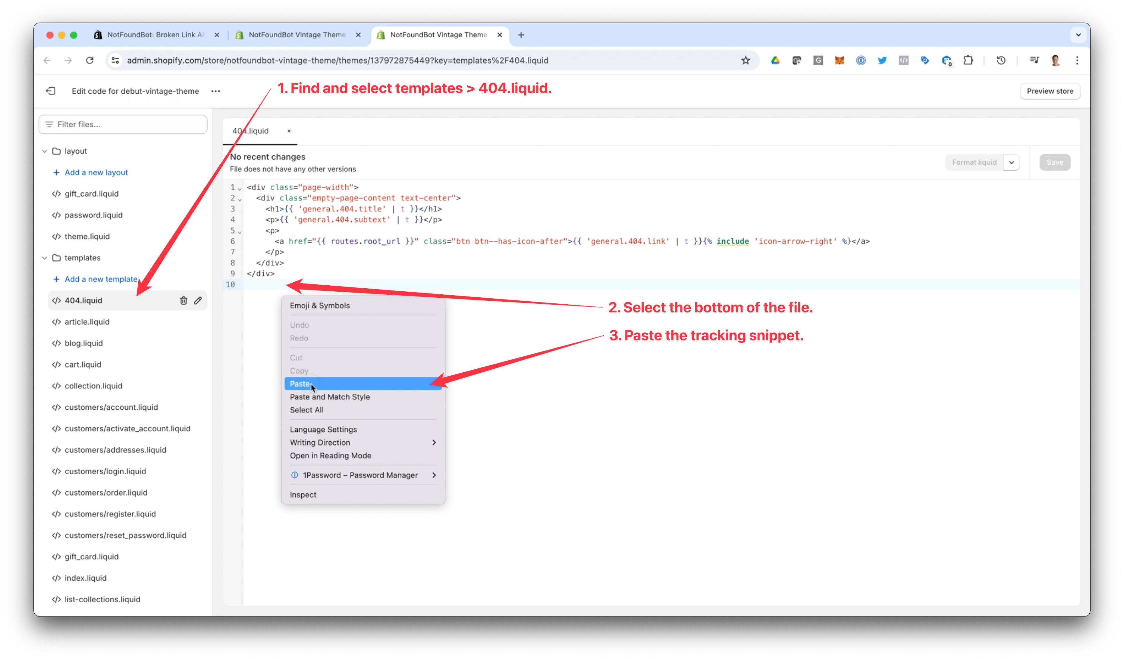 NotFoundBot Install for Shopify Vintage Theme Step 3