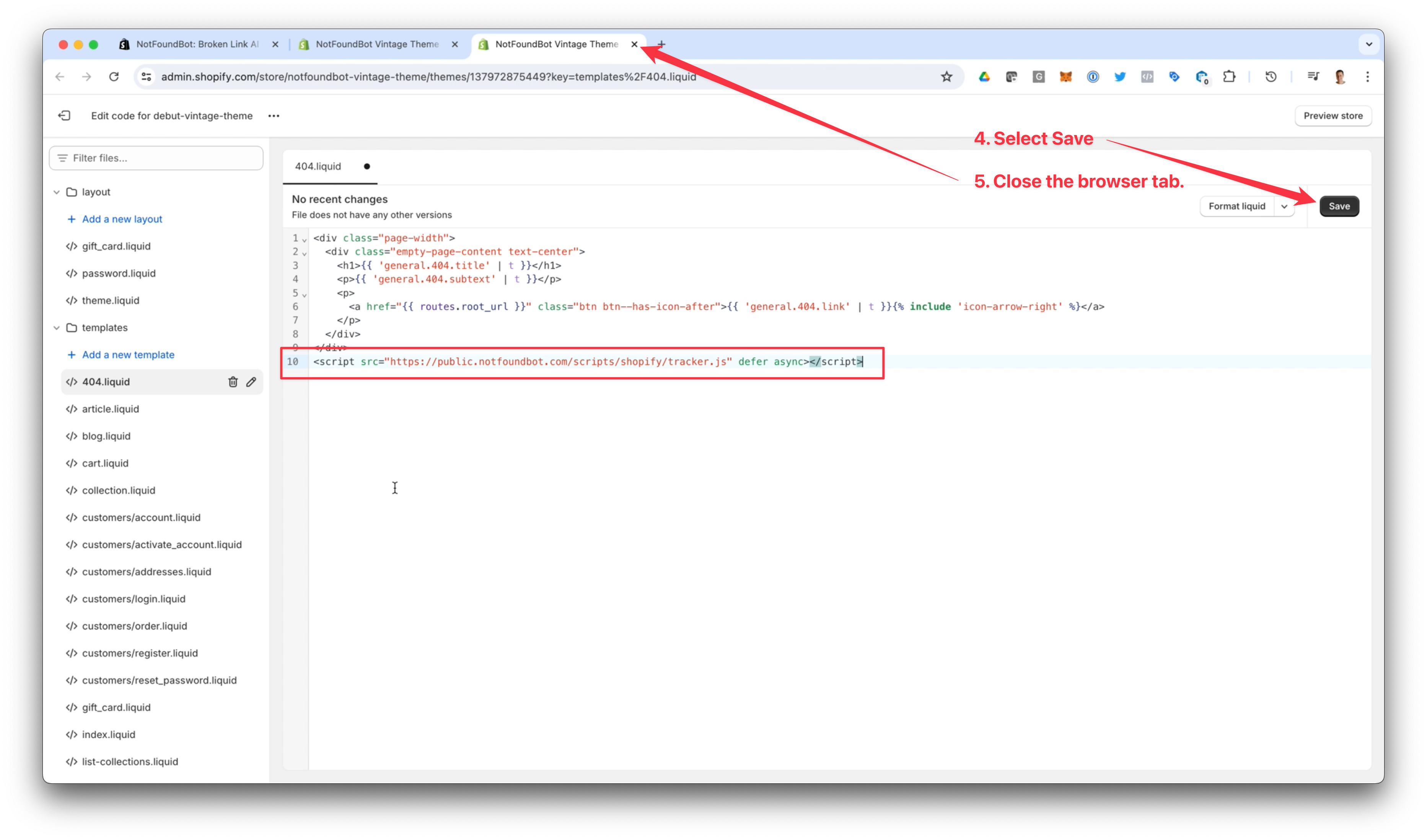 NotFoundBot Install for Shopify Vintage Theme Step 4