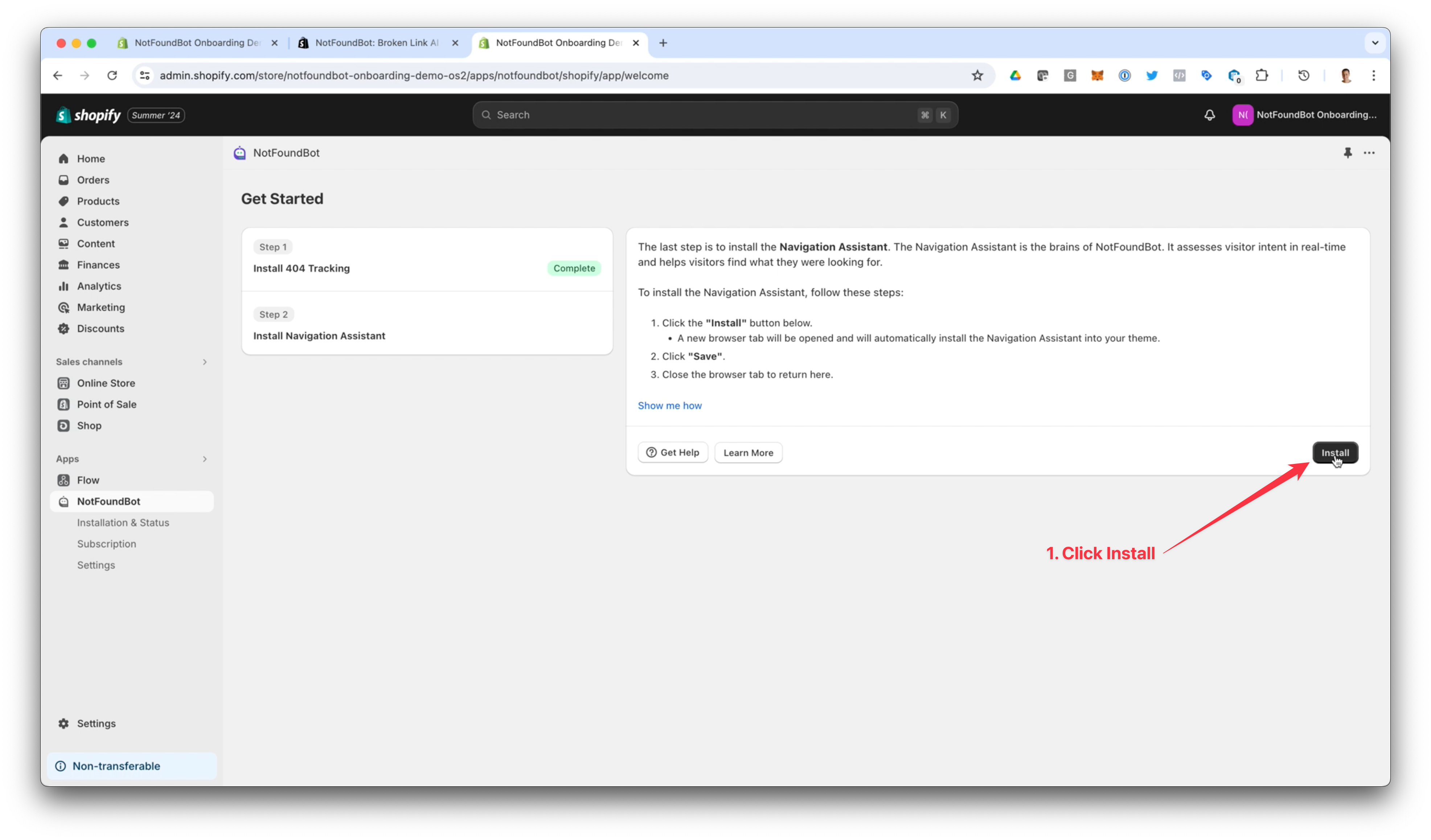 NotFoundBot Installation OS2.0 Navigation Assistant Step 1. Click Install